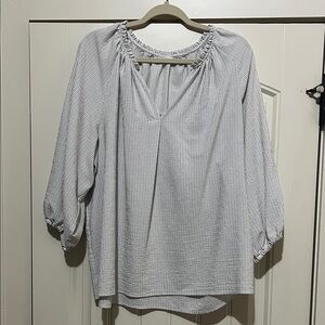 Striped Light Blue Peasant Blouse with Gathered Neckline